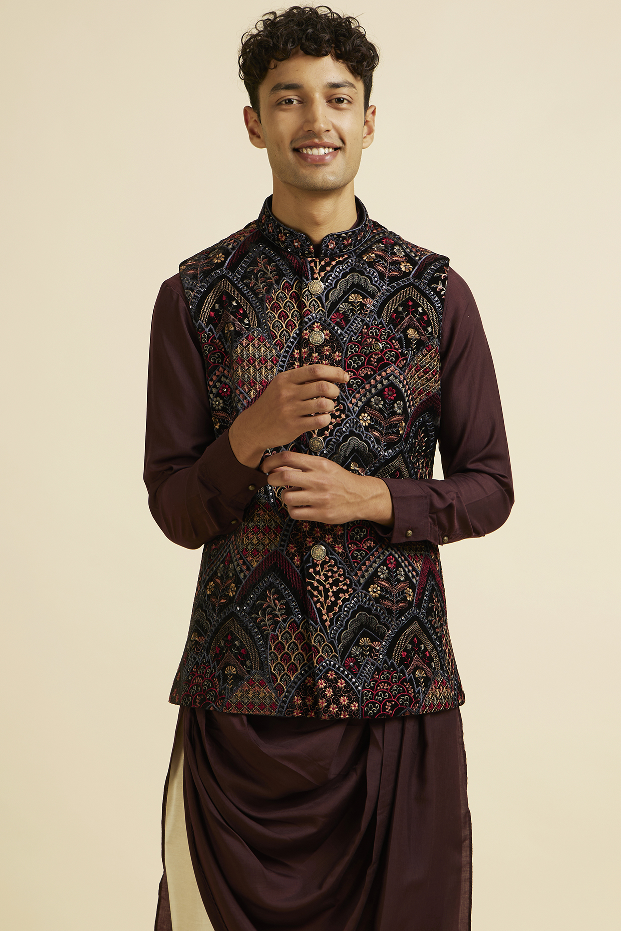 Black Velvet Embroidered Nehru Jacket by Manyavar