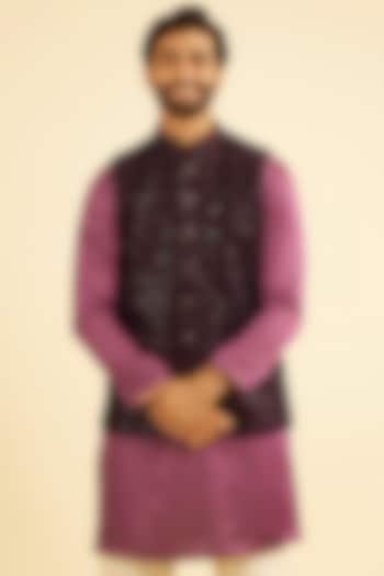 Dark Blue Velvet Embroidered Nehru Jacket by Manyavar at Pernia's Pop Up Shop