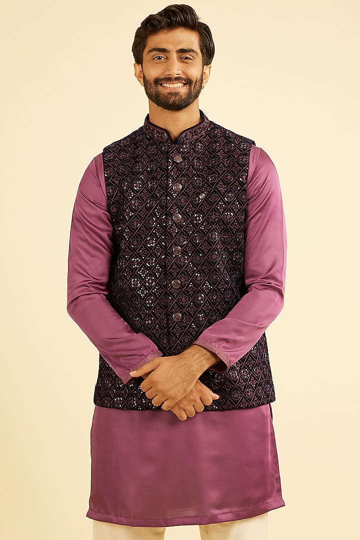 Dark Blue Velvet Embroidered Nehru Jacket by Manyavar at Pernia's Pop Up Shop