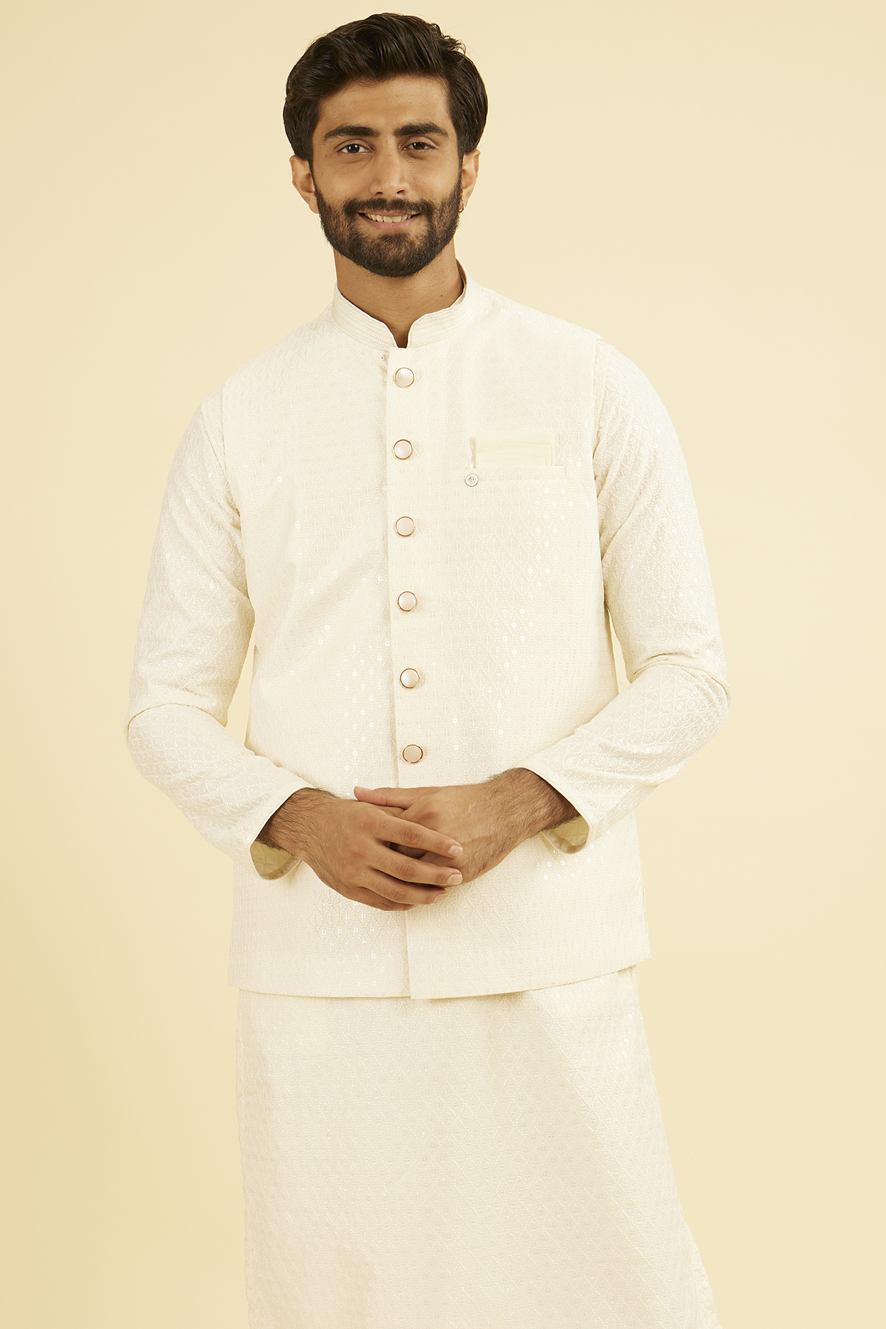 Cream Art Silk Sequins Embroidered Nehru Jacket by Manyavar