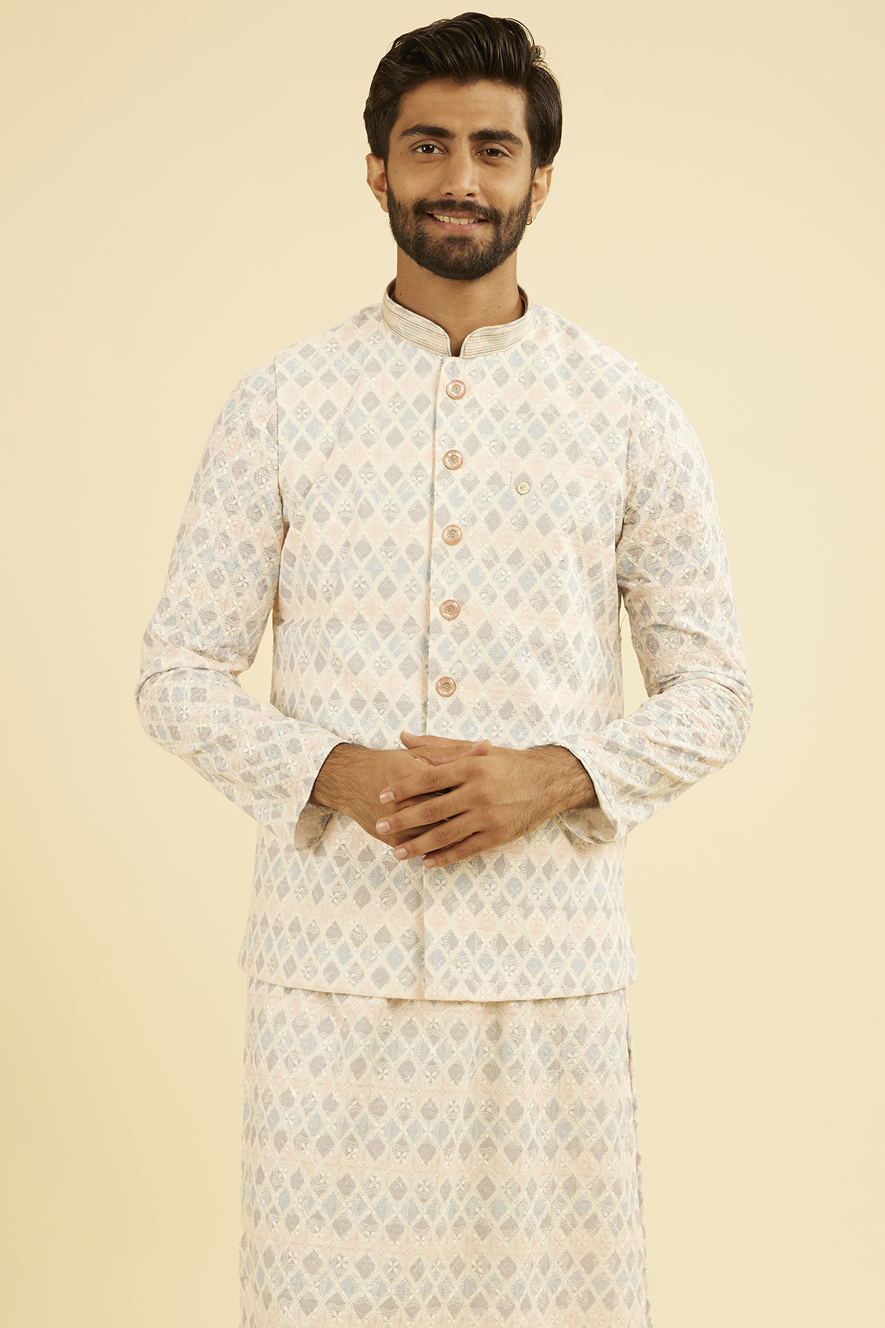 Cream Cotton Blend Printed & Embroidered Nehru Jacket by Manyavar