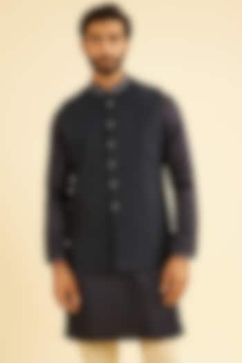 Dark Blue Rayon Sequins Embroidered Nehru Jacket by Manyavar