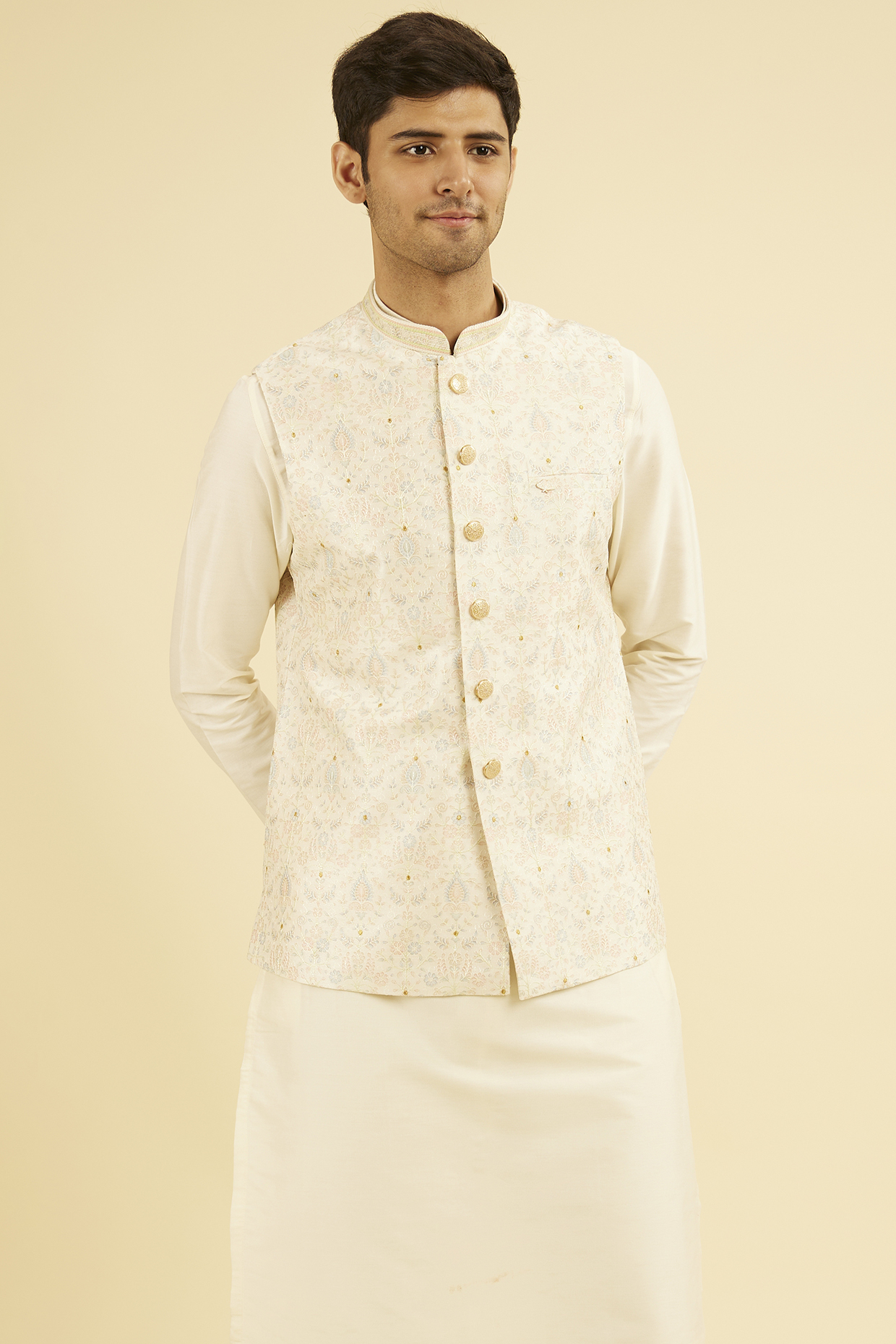 Cream Art Silk Printed & Embroidered Nehru Jacket by Manyavar
