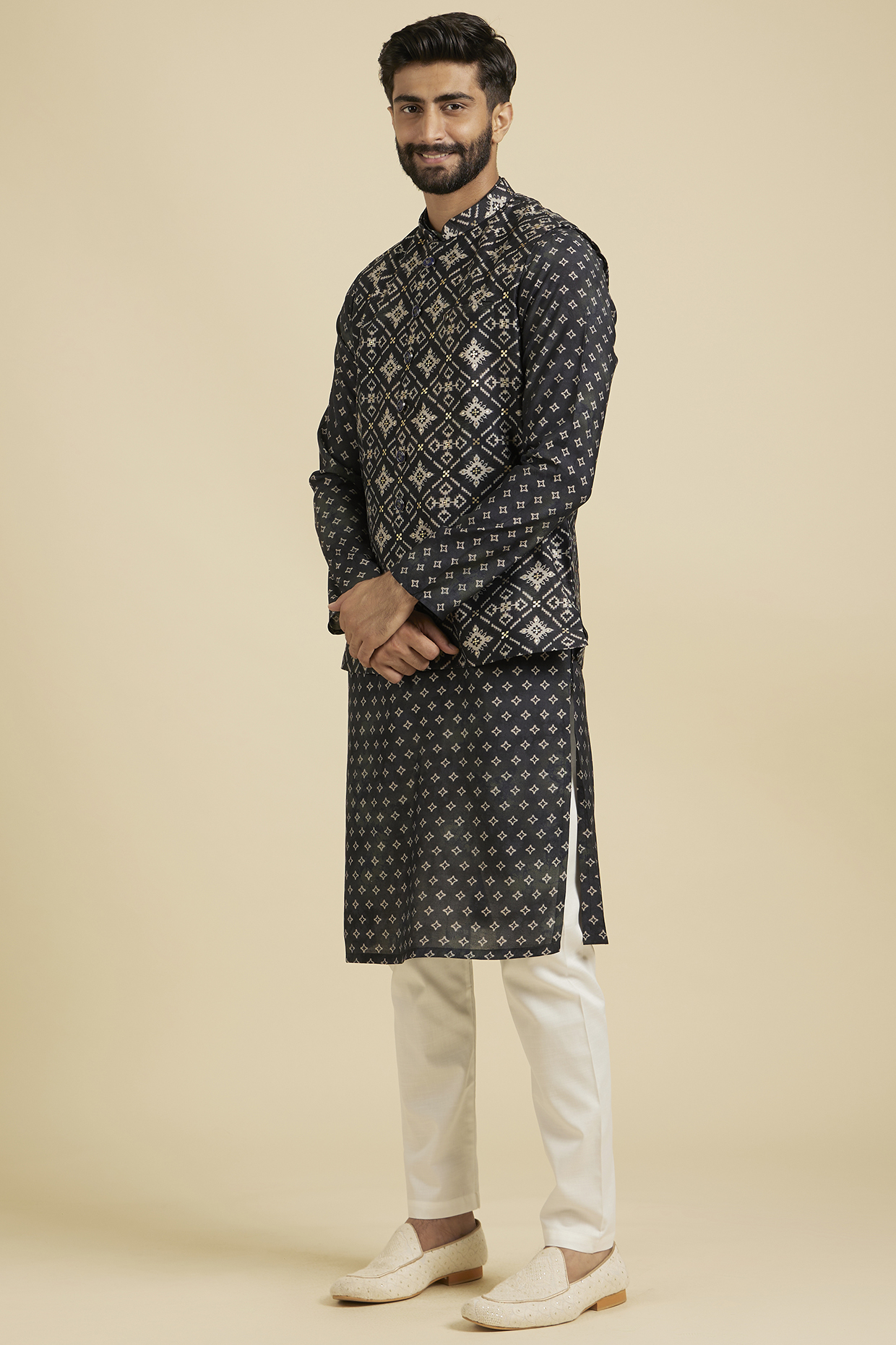 Black Blended Viscose Printed Nehru Jacket Set by Manyavar
