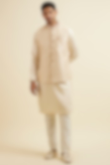 Beige Art Silk & Satin Sequins Embroidered Nehru Jacket Set by Manyavar at Pernia's Pop Up Shop