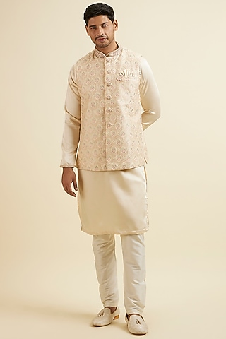 Beige Art Silk & Satin Sequins Embroidered Nehru Jacket Set by Manyavar