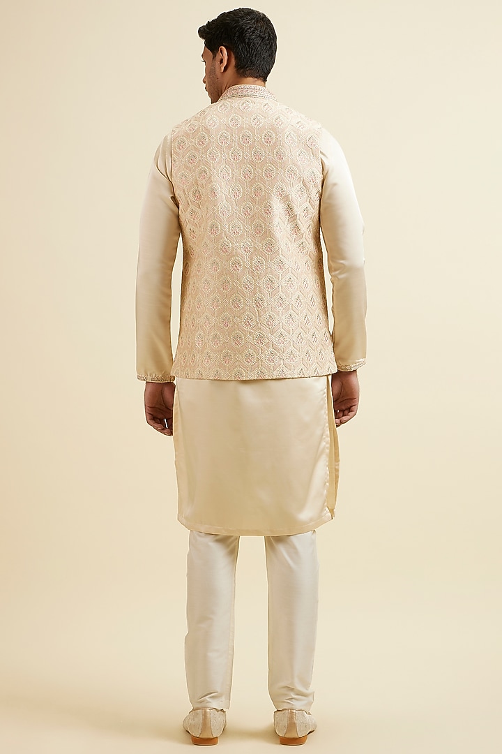 Beige Art Silk & Satin Sequins Embroidered Nehru Jacket Set by Manyavar at Pernia's Pop Up Shop