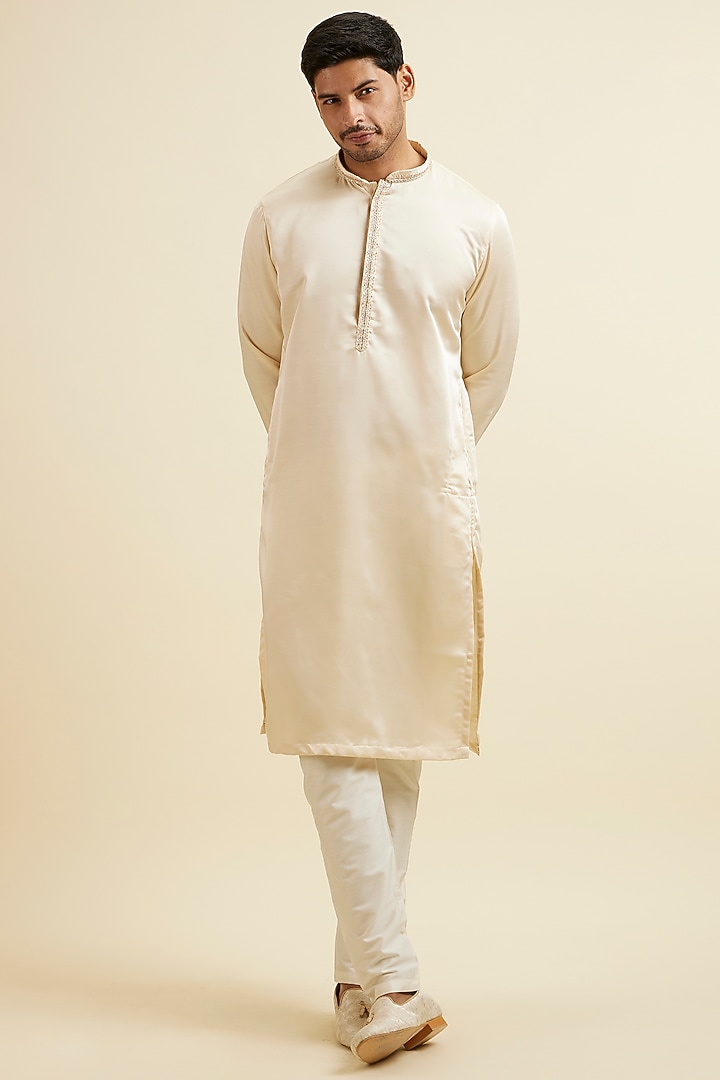 Beige Art Silk & Satin Sequins Embroidered Nehru Jacket Set by Manyavar at Pernia's Pop Up Shop