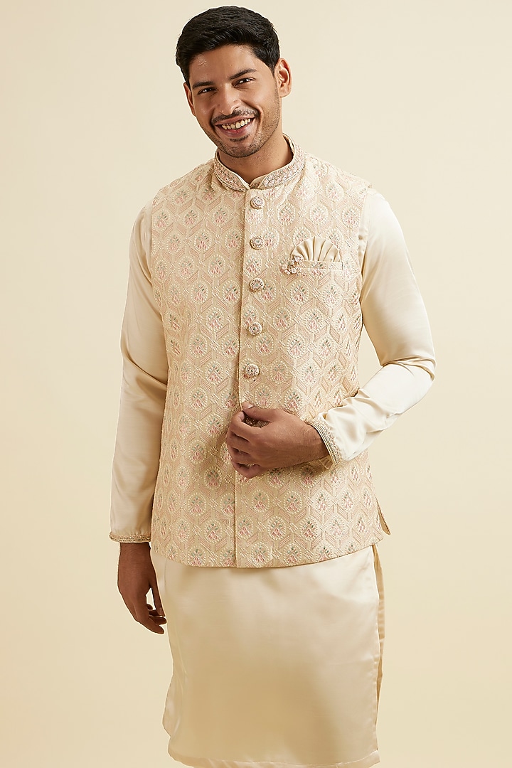 Beige Art Silk & Satin Sequins Embroidered Nehru Jacket Set by Manyavar at Pernia's Pop Up Shop