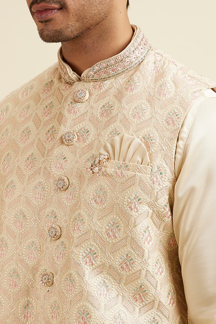 Beige Art Silk & Satin Sequins Embroidered Nehru Jacket Set by Manyavar at Pernia's Pop Up Shop