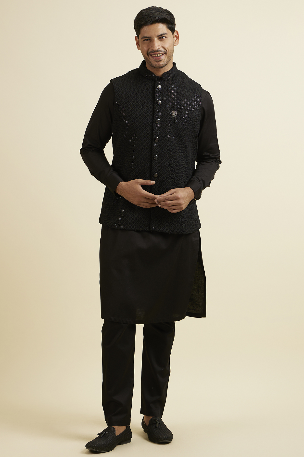 Black Cotton & Viscose Mirror Embellished Nehru Jacket Set by Manyavar