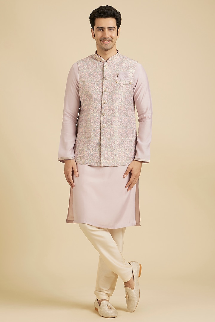 Pink Brocade & Blended Viscose Hand Embroidered Nehru Jacket Set by Manyavar at Pernia's Pop Up Shop