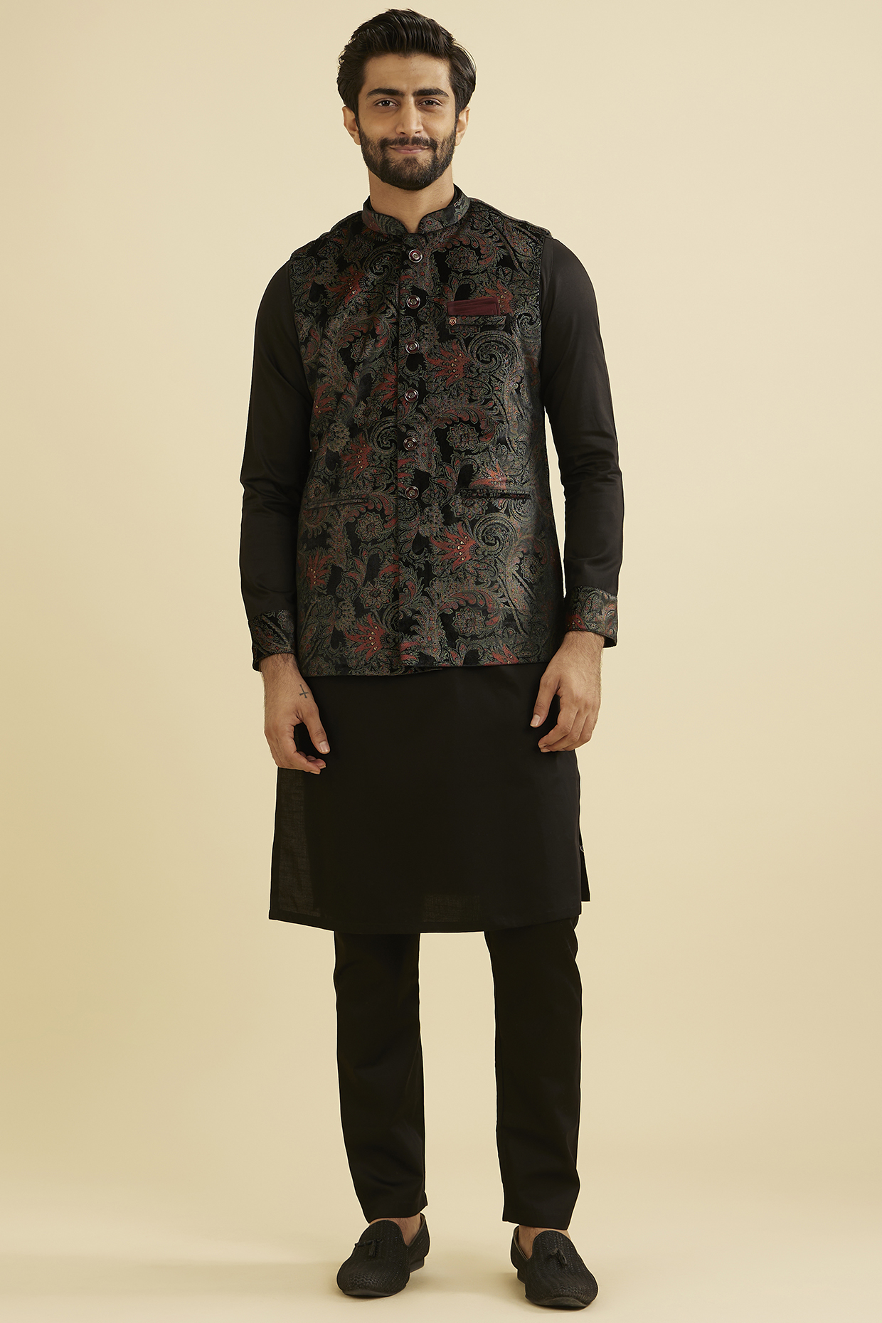Black Cotton & Velvet Gold Printed Nehru Jacket Set by Manyavar