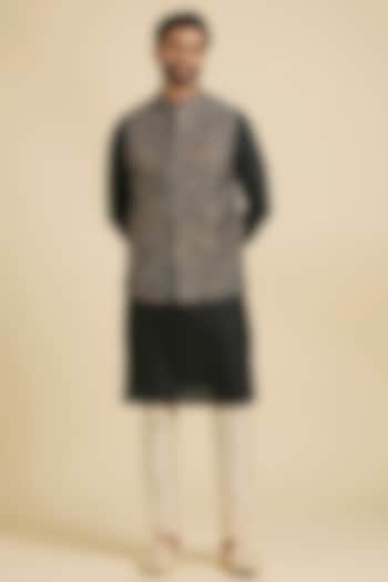 Bottle Green Blended Viscose & Art Silk Printed Nehru Jacket Set by Manyavar