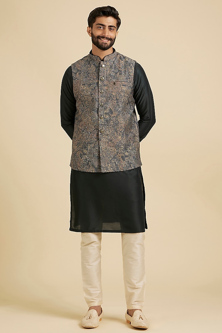 Bottle Green Blended Viscose & Art Silk Printed Nehru Jacket Set by Manyavar