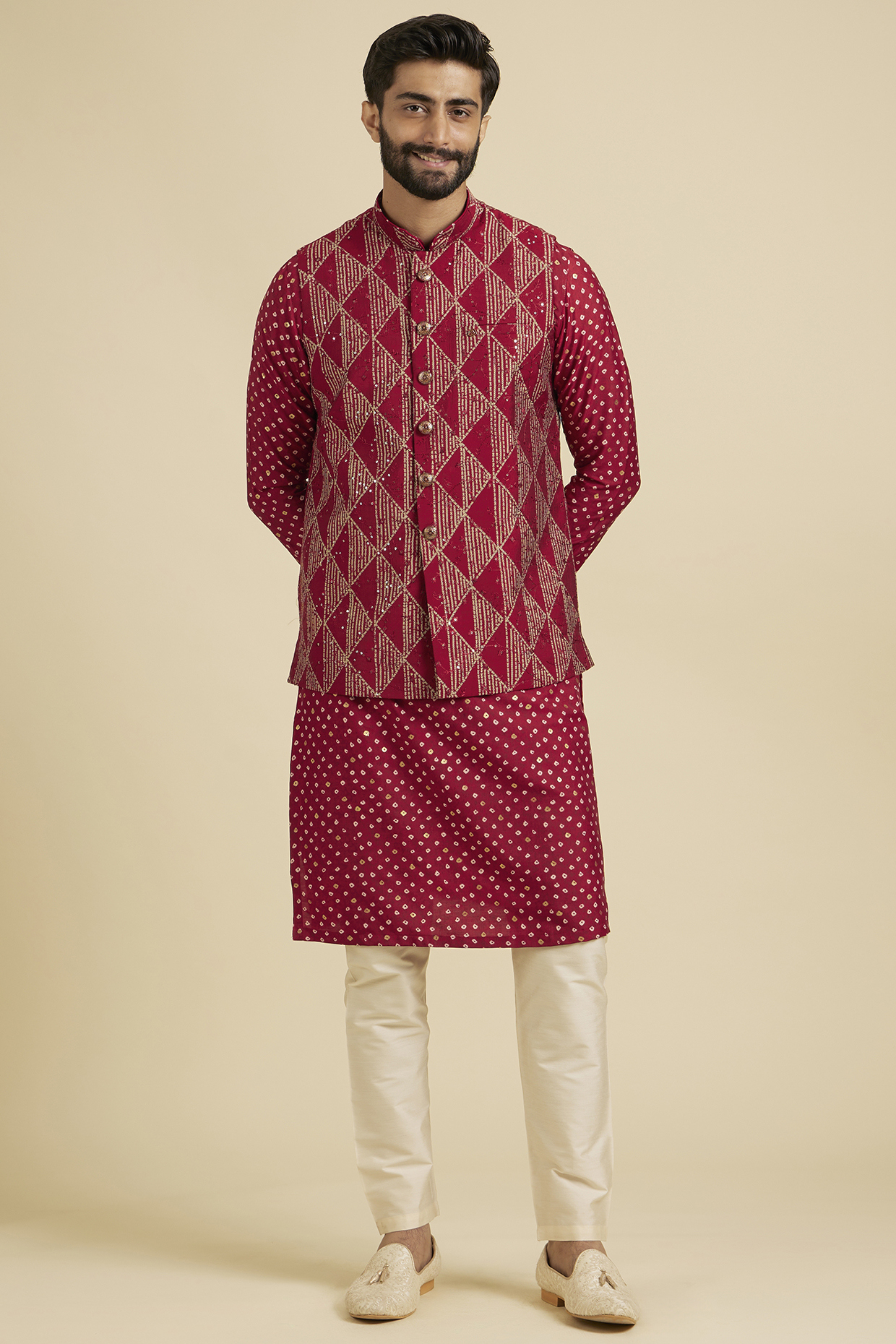 Red Blended Viscose Printed Nehru Jacket Set by Manyavar at Pernia's Pop Up Shop