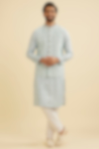 Aqua Green Blended Cotton Printed Nehru Jacket Set by Manyavar