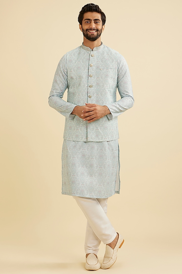 Aqua Green Blended Cotton Printed Nehru Jacket Set by Manyavar