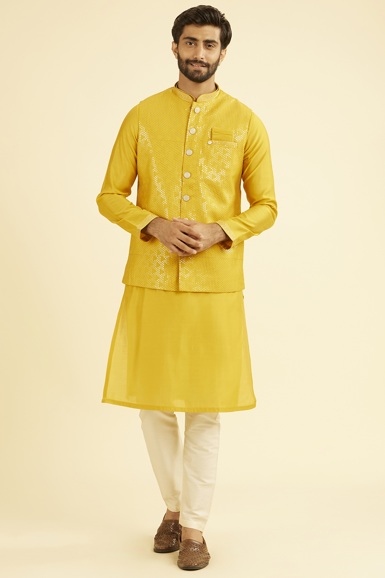 Mustard Yellow Blended Viscose Embroidered Nehru Jacket Set by Manyavar
