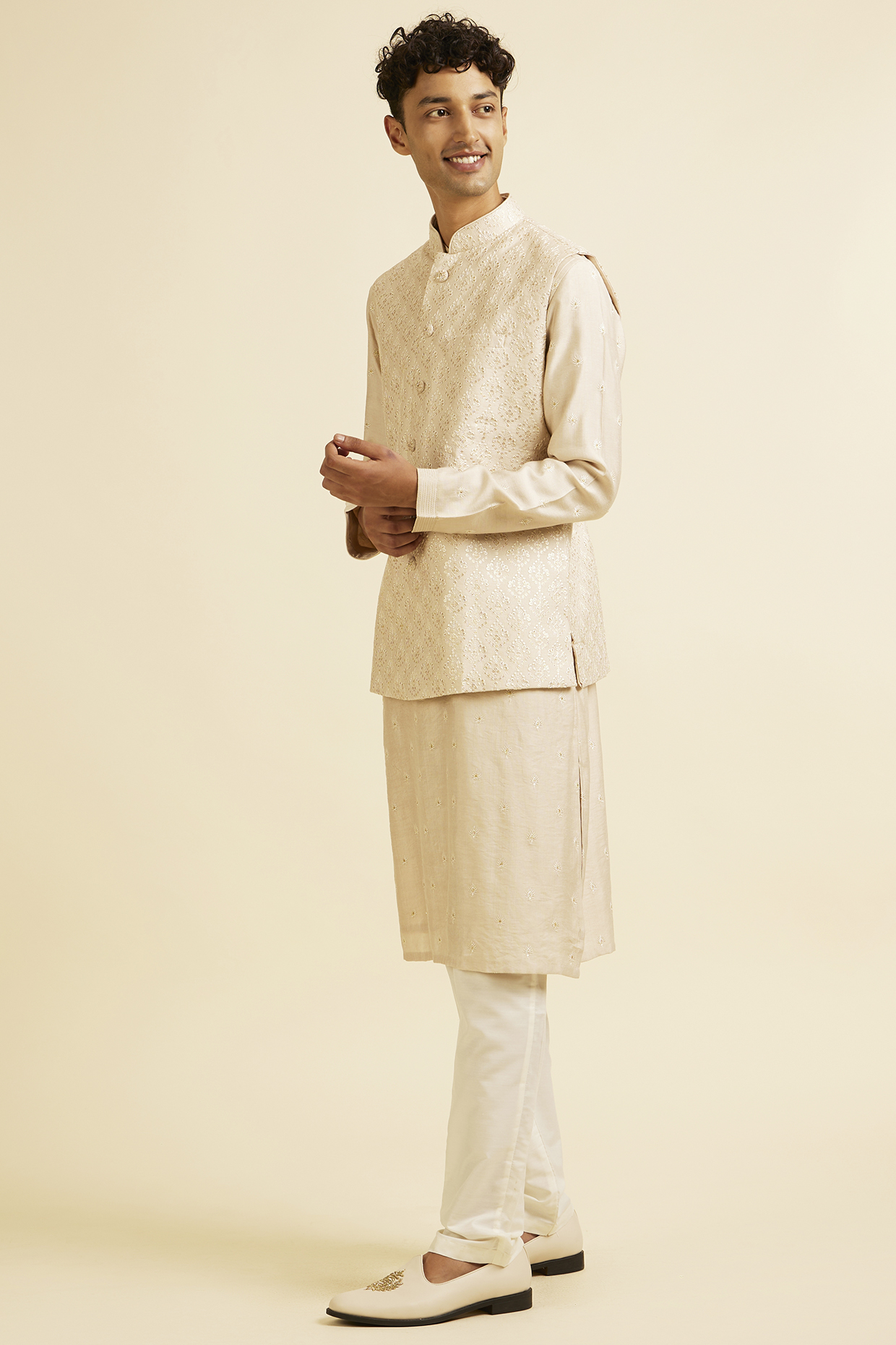 Beige Art Silk Sequins Embroidered Nehru Jacket Set by Manyavar