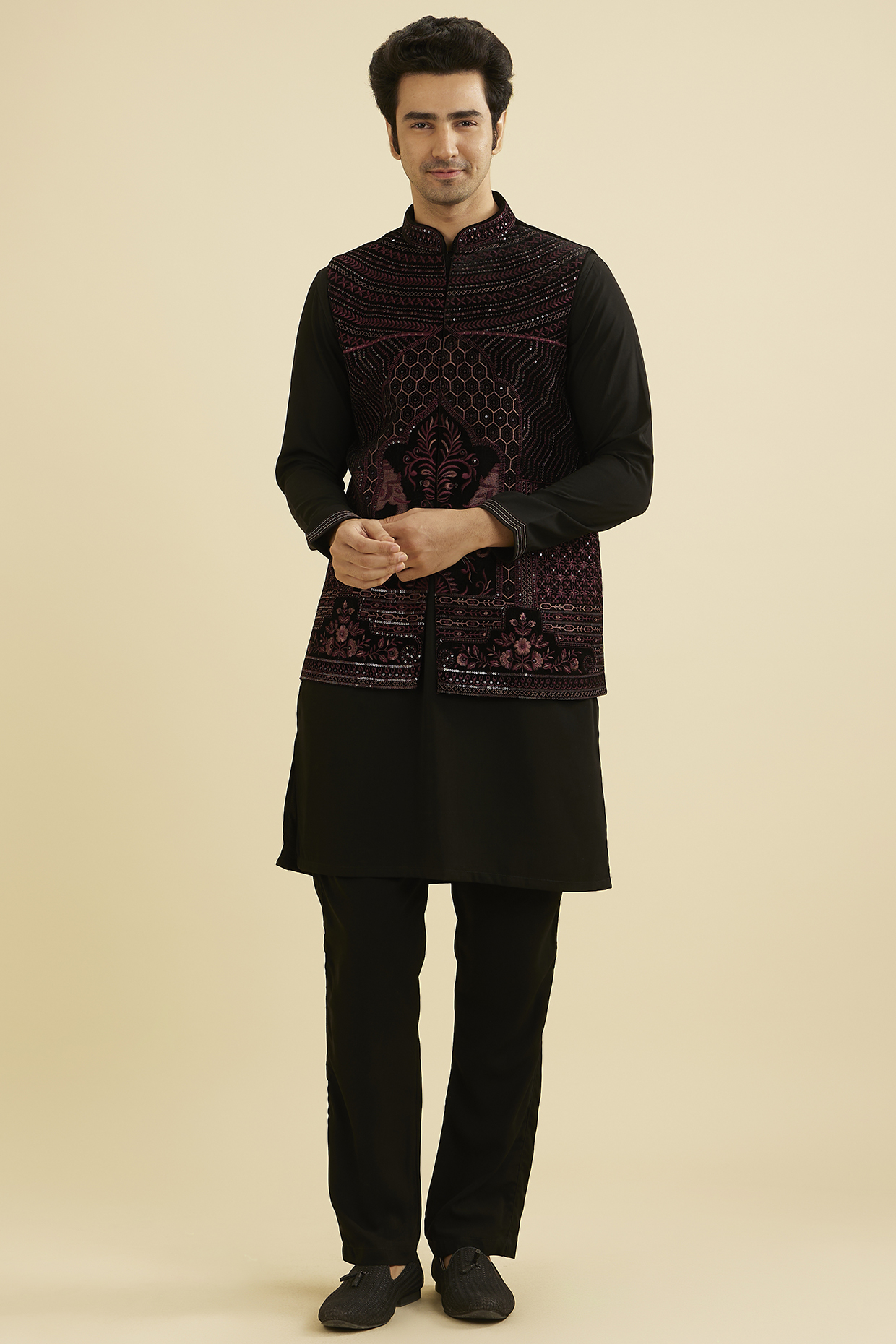 Midnight Black Velvet & Satin Sequins Embroidered Nehru Jacket Set by Manyavar