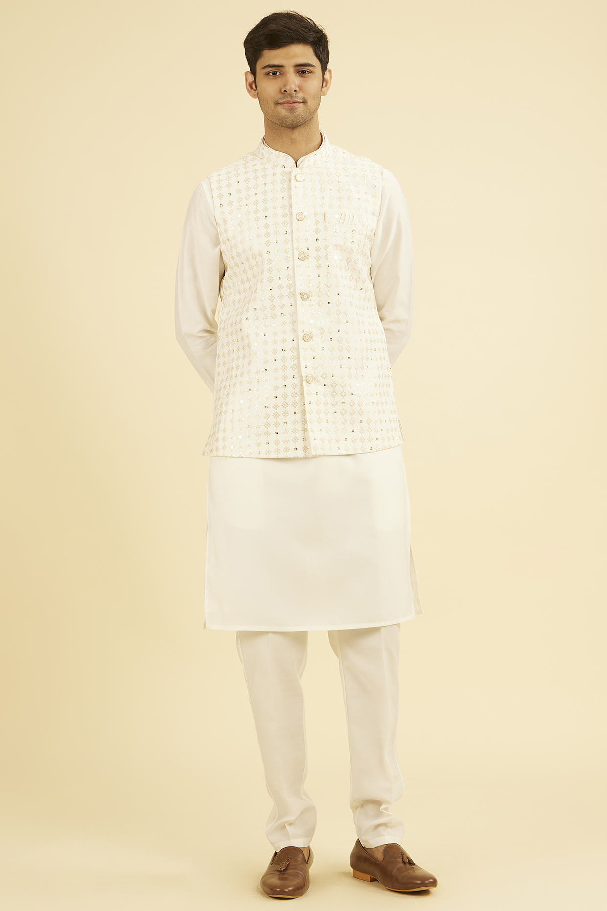 Cream Art Silk & Viscose Sequins Embroidered Nehru Jacket Set by Manyavar