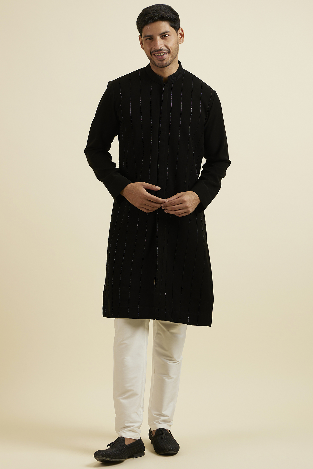 Black Blended Rayon Striped Kurta by Manyavar