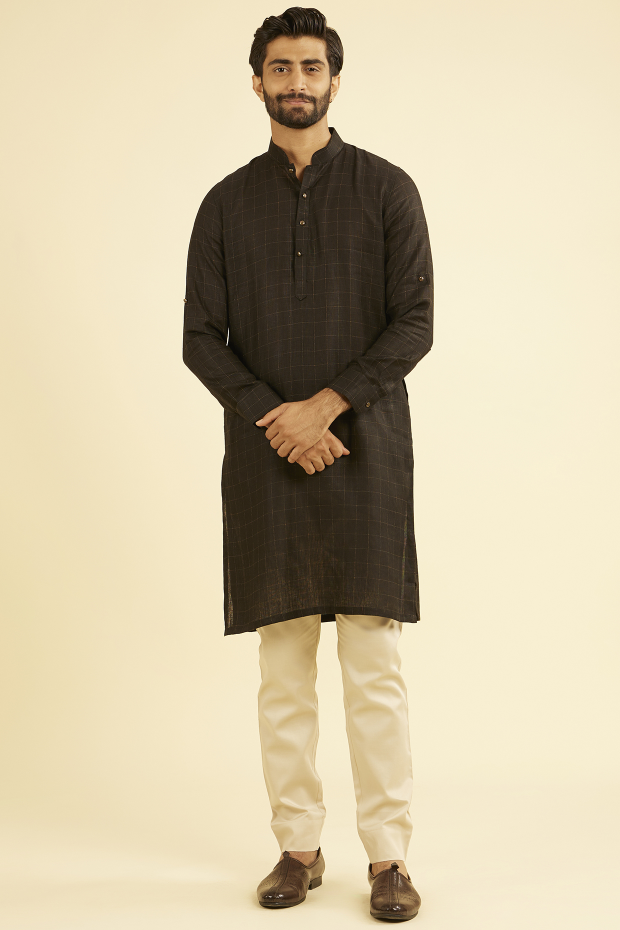 Black Linen Kurta by Manyavar