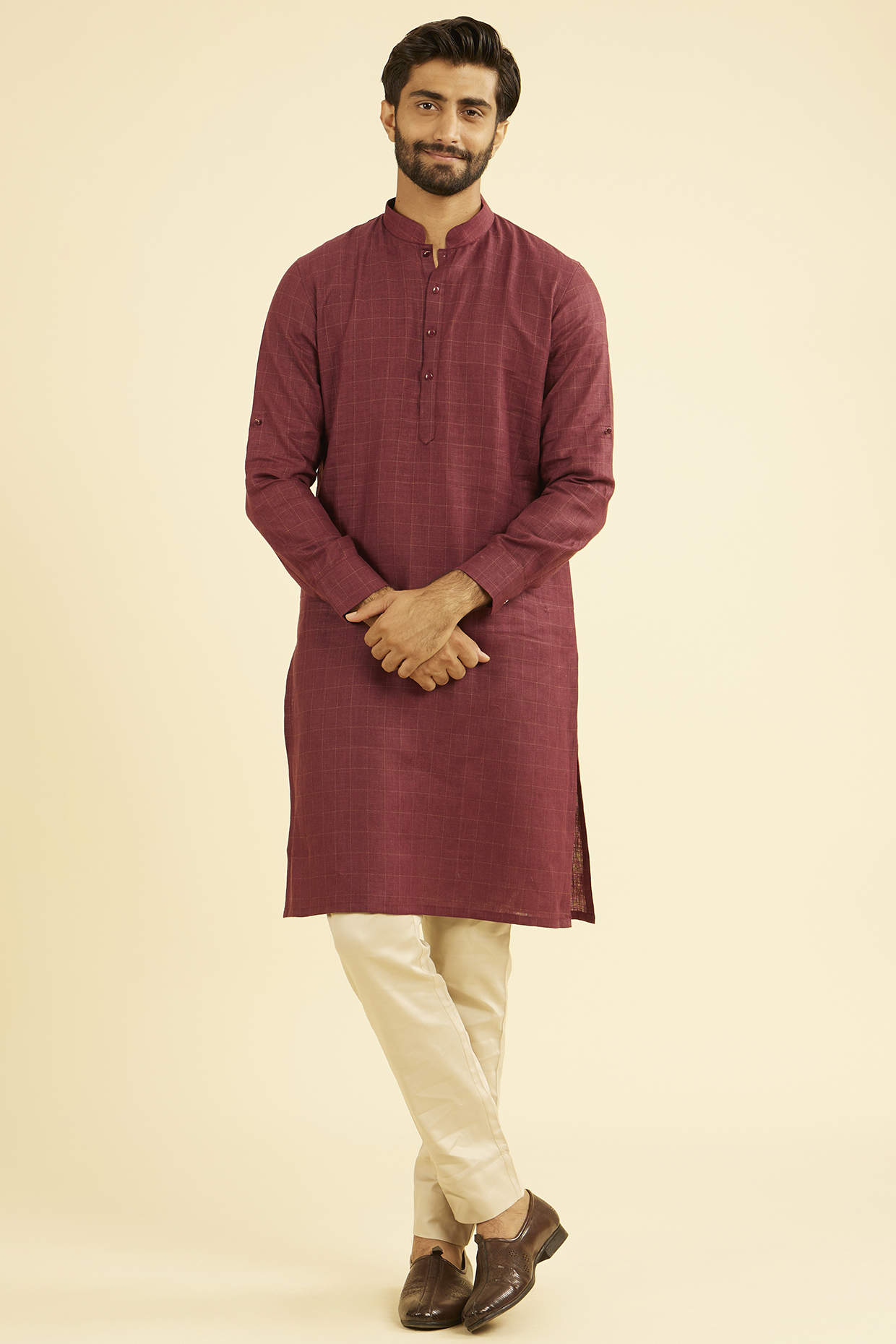 Wine Linen Kurta by Manyavar