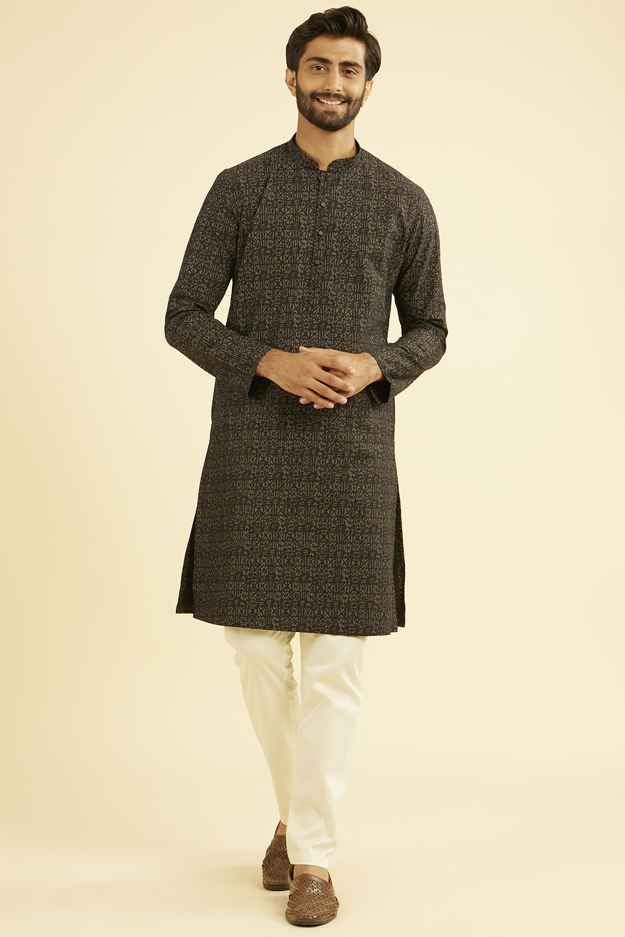 Dusky Black Cotton Blend Printed Kurta by Manyavar