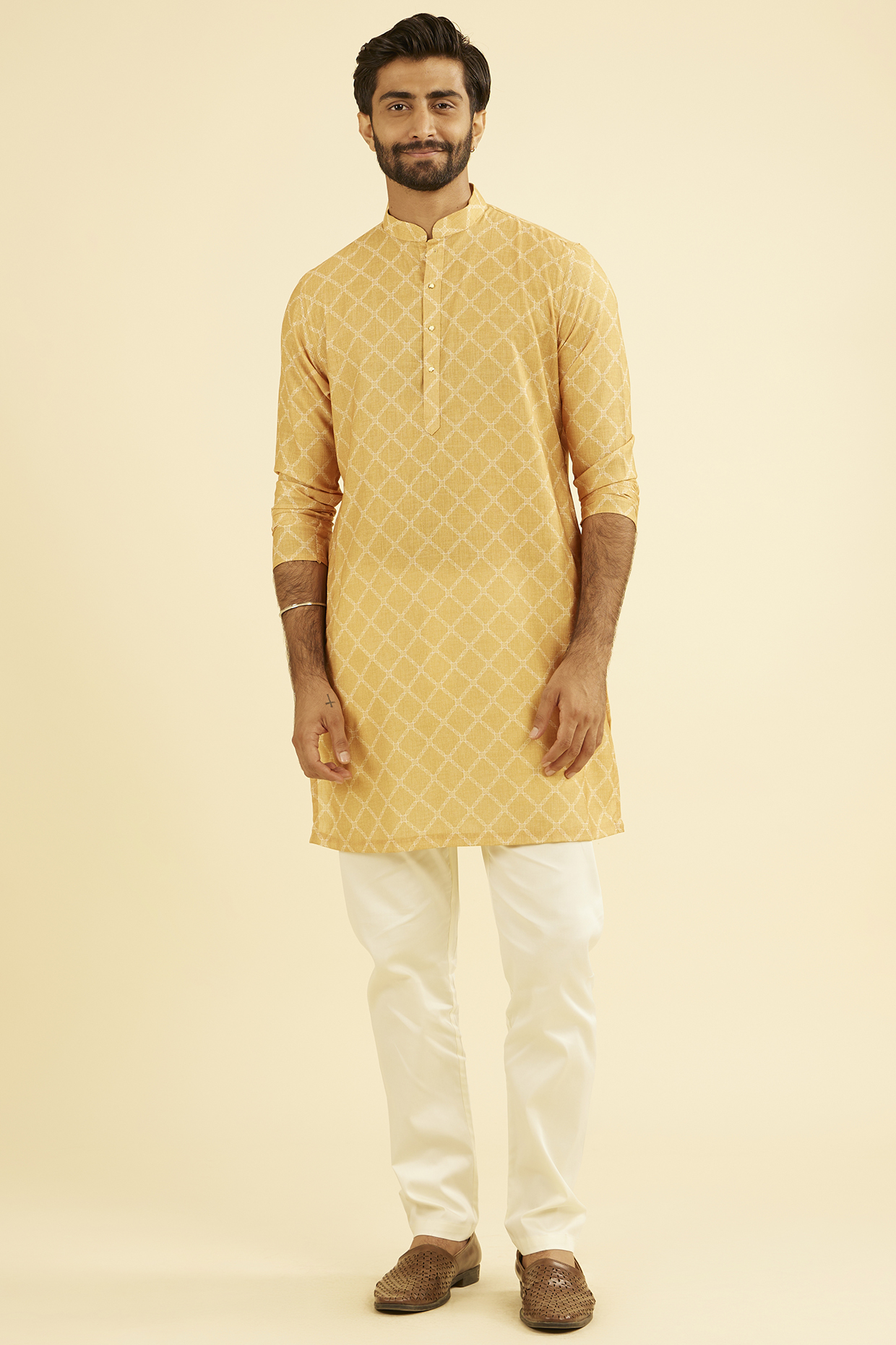 Yellow Cotton Blend Printed Kurta by Manyavar