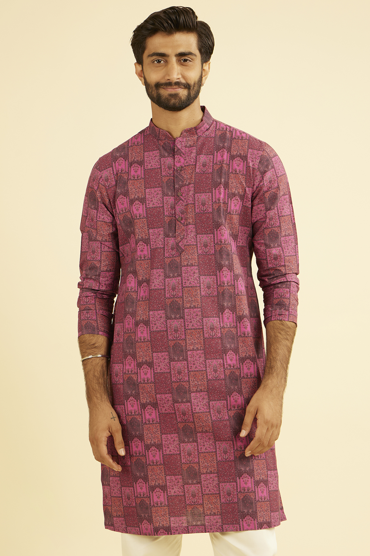 Pink Cotton Printed Kurta by Manyavar