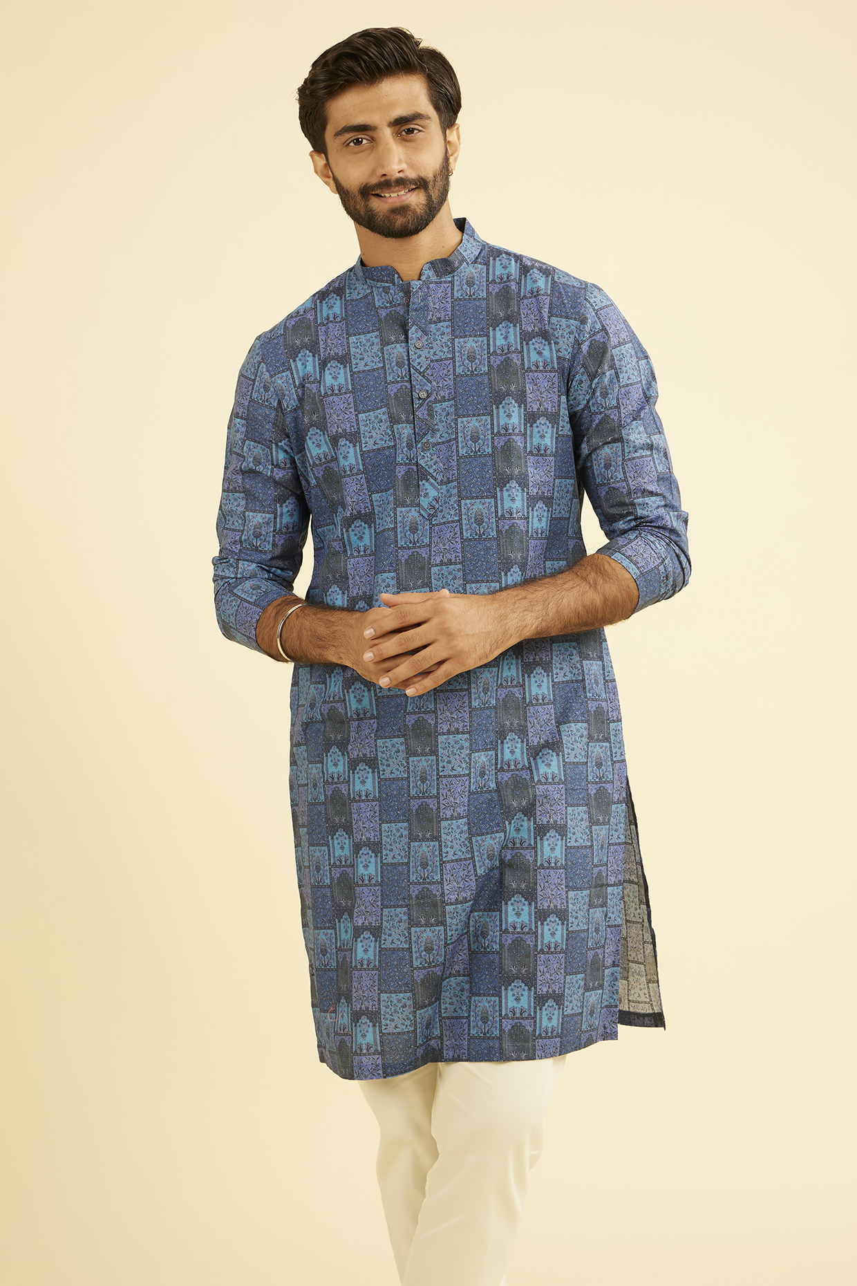 Blue Cotton Printed Kurta by Manyavar