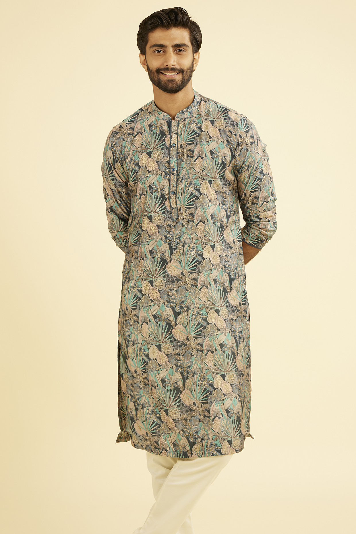 Teal Blue Viscose Printed Kurta by Manyavar