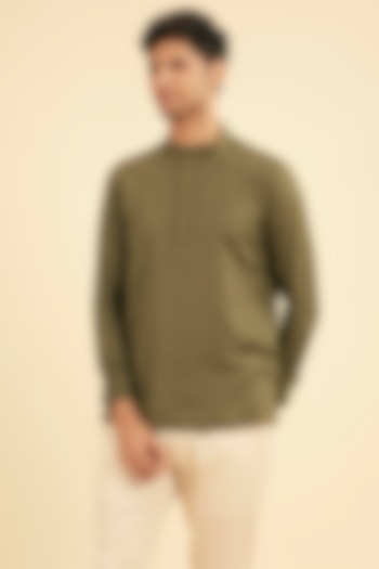 Green Viscose Blend Textured Short Kurta by Manyavar