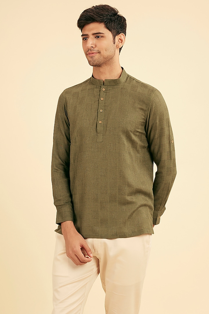 Green Viscose Blend Textured Short Kurta by Manyavar