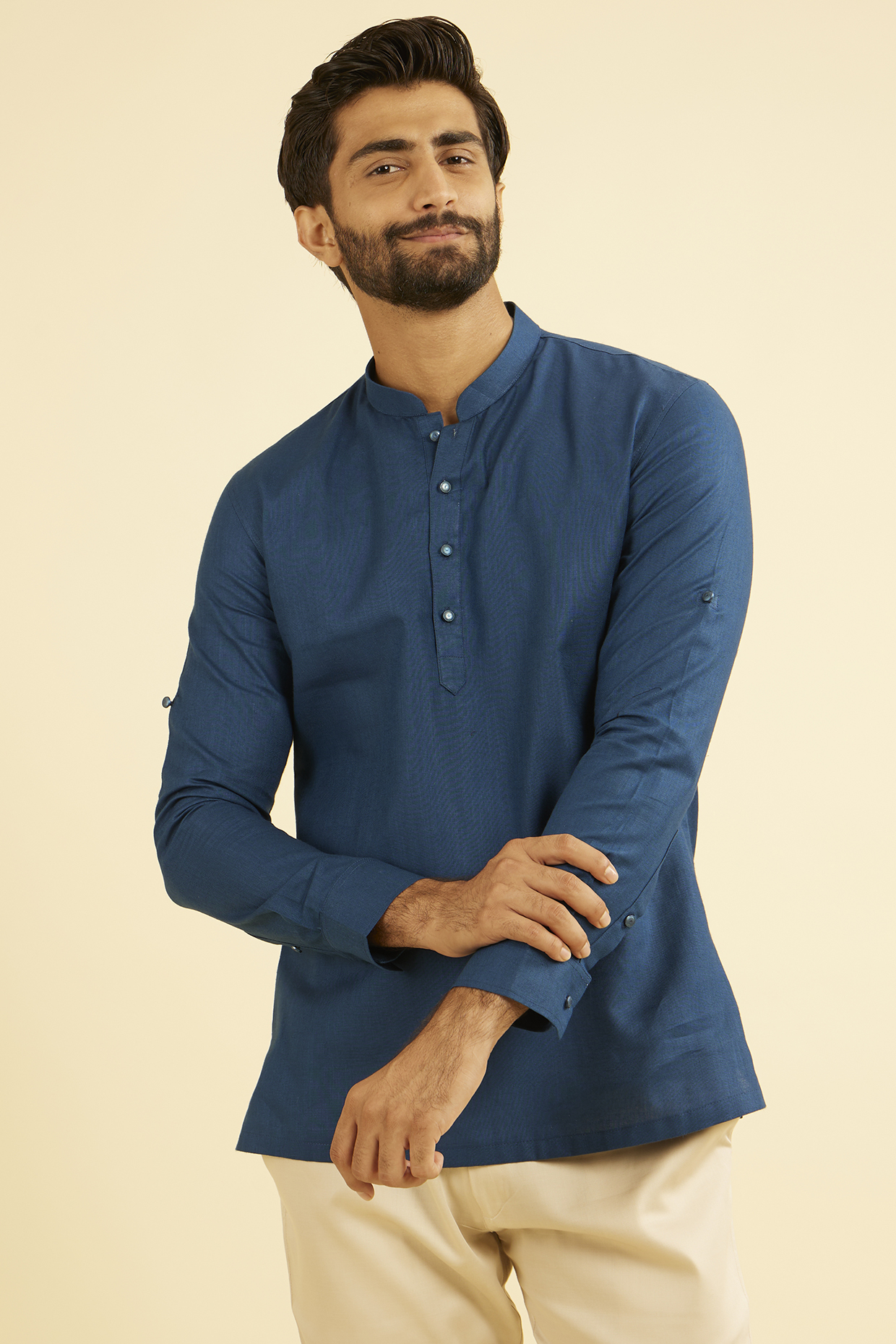 Blue Cotton Short Kurta by Manyavar