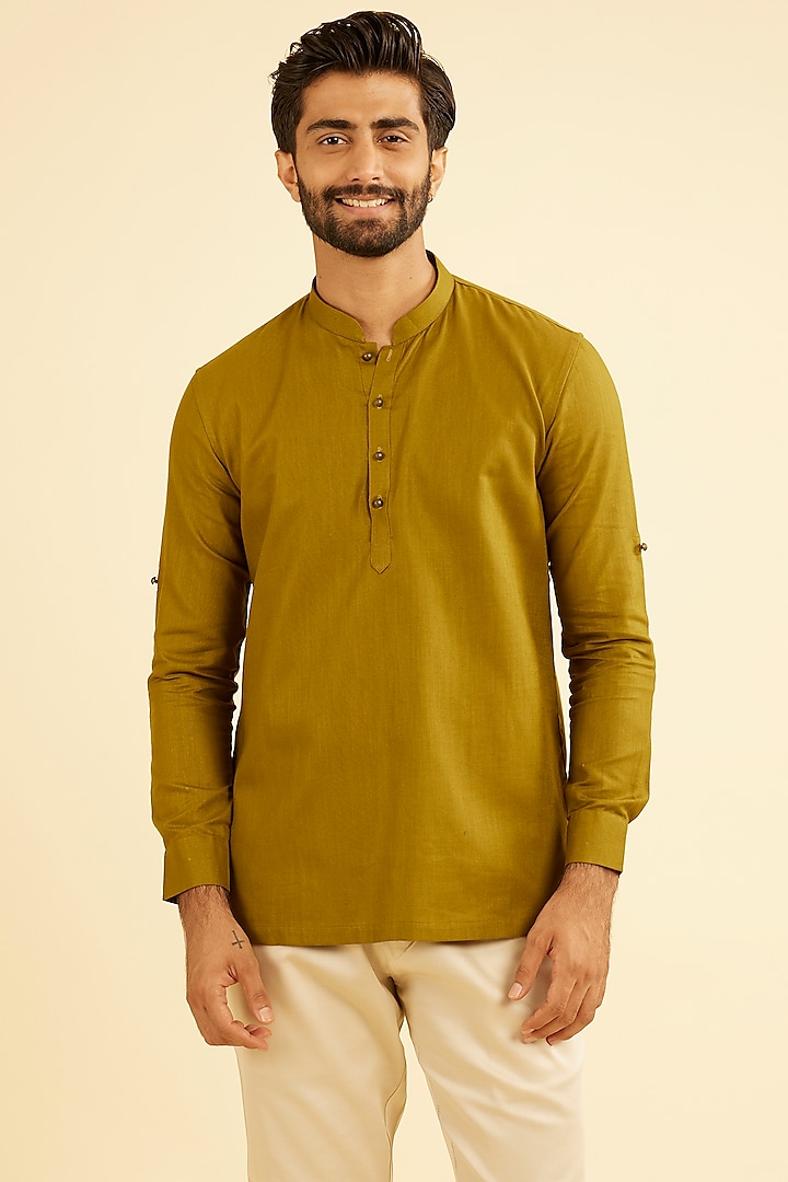 Olive Green Cotton Short Kurta by Manyavar