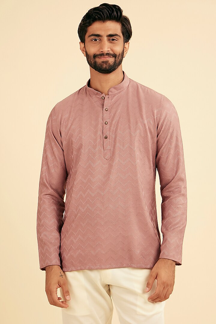 Dusty Pink Viscose Blend Self-Textured Short Kurta by Manyavar
