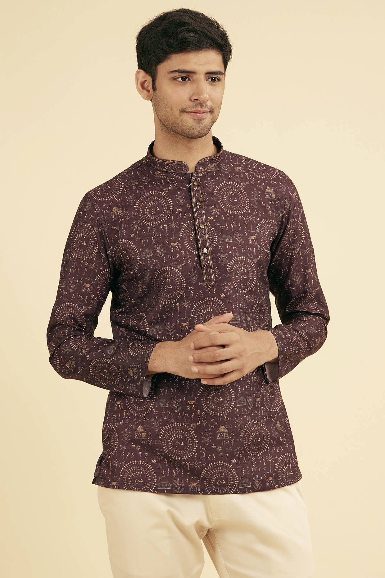 Wine Viscose Blend Digital Printed Short Kurta by Manyavar