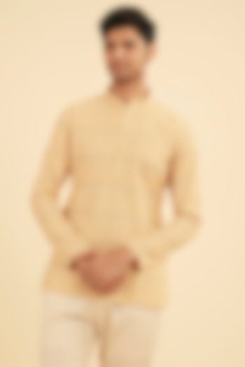 Yellow Cotton Blend Printed Short Kurta by Manyavar