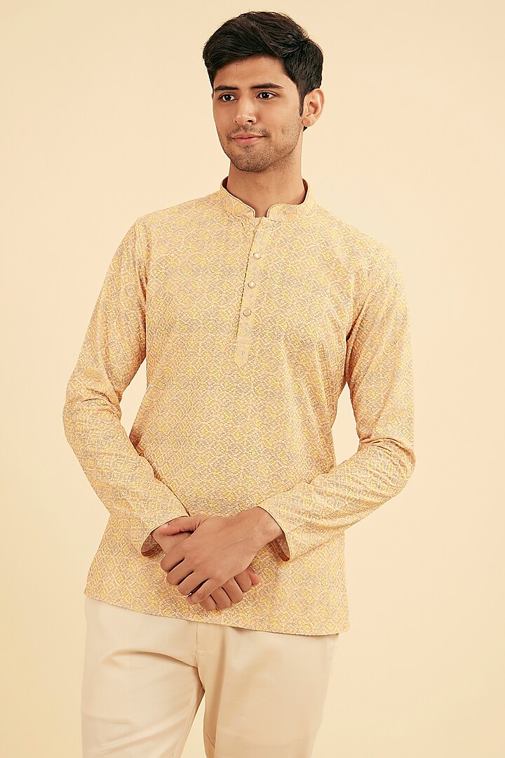 Yellow Cotton Blend Printed Short Kurta by Manyavar