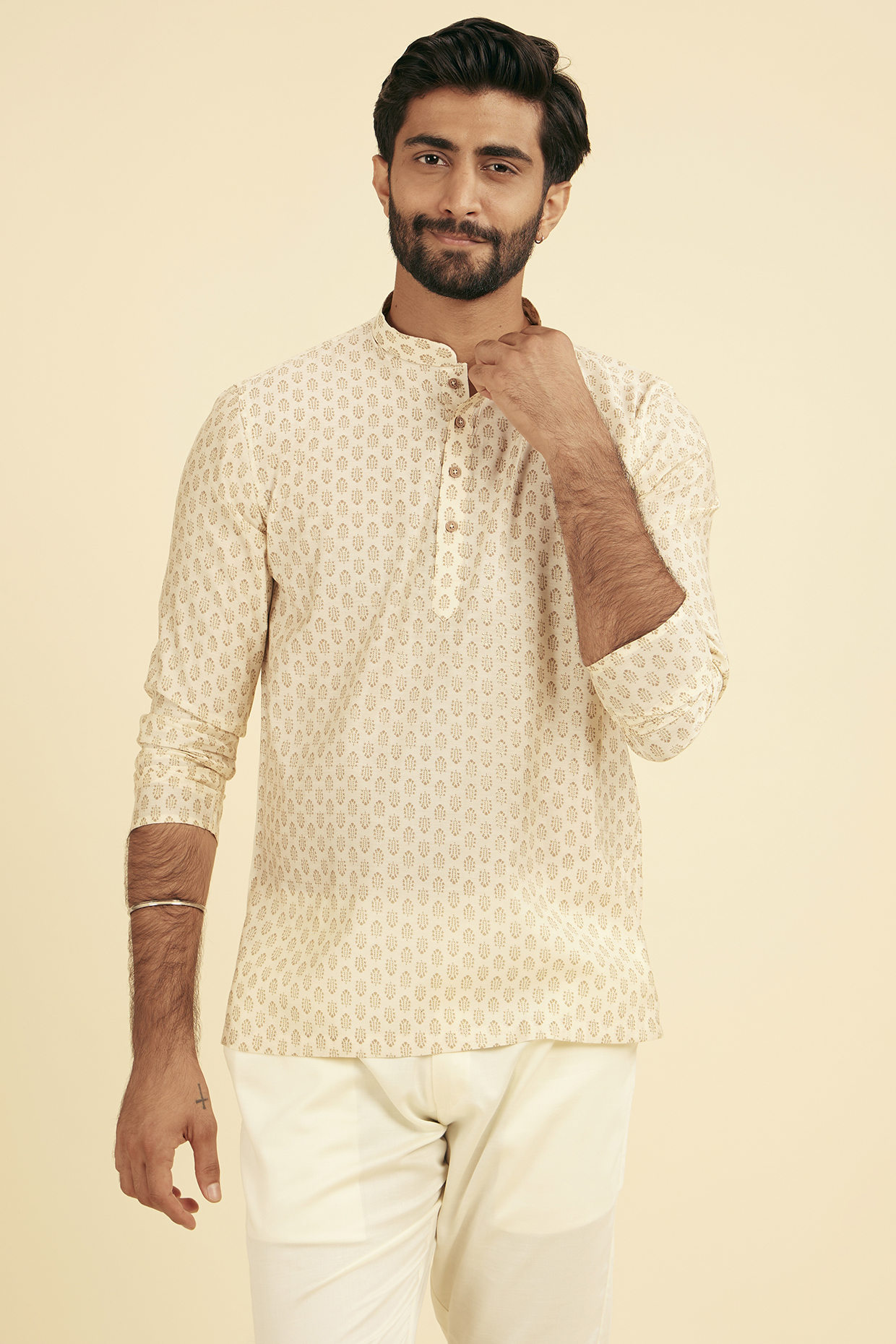 Beige Viscose Blend Printed Short Kurta by Manyavar
