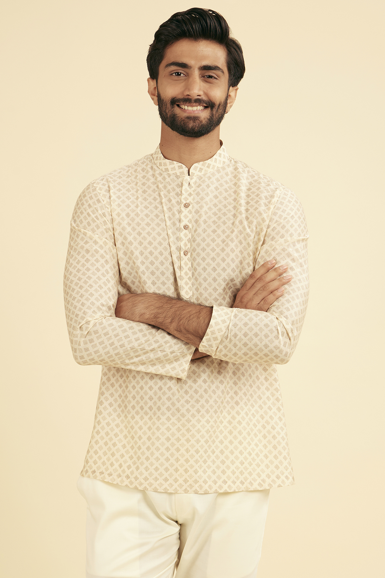 Cream Viscose Blend Printed Short Kurta by Manyavar