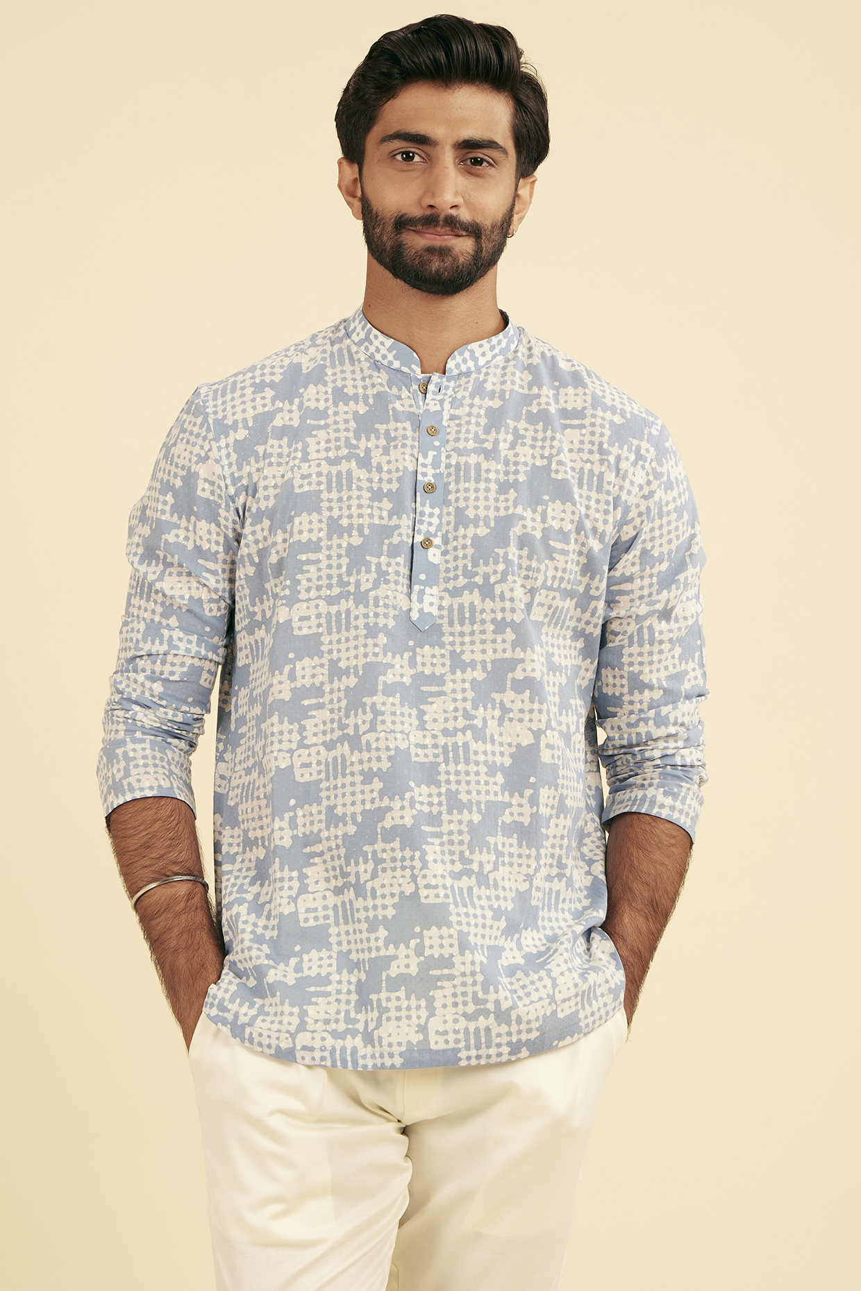 Light Blue Cotton Printed Short Kurta by Manyavar