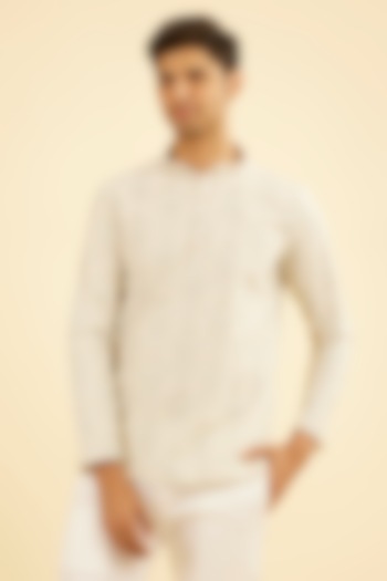 Cream Cotton Blend Paisley Embroidered Short Kurta by Manyavar