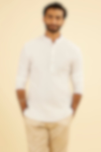 White Spandex Self-Textured Short Kurta by Manyavar