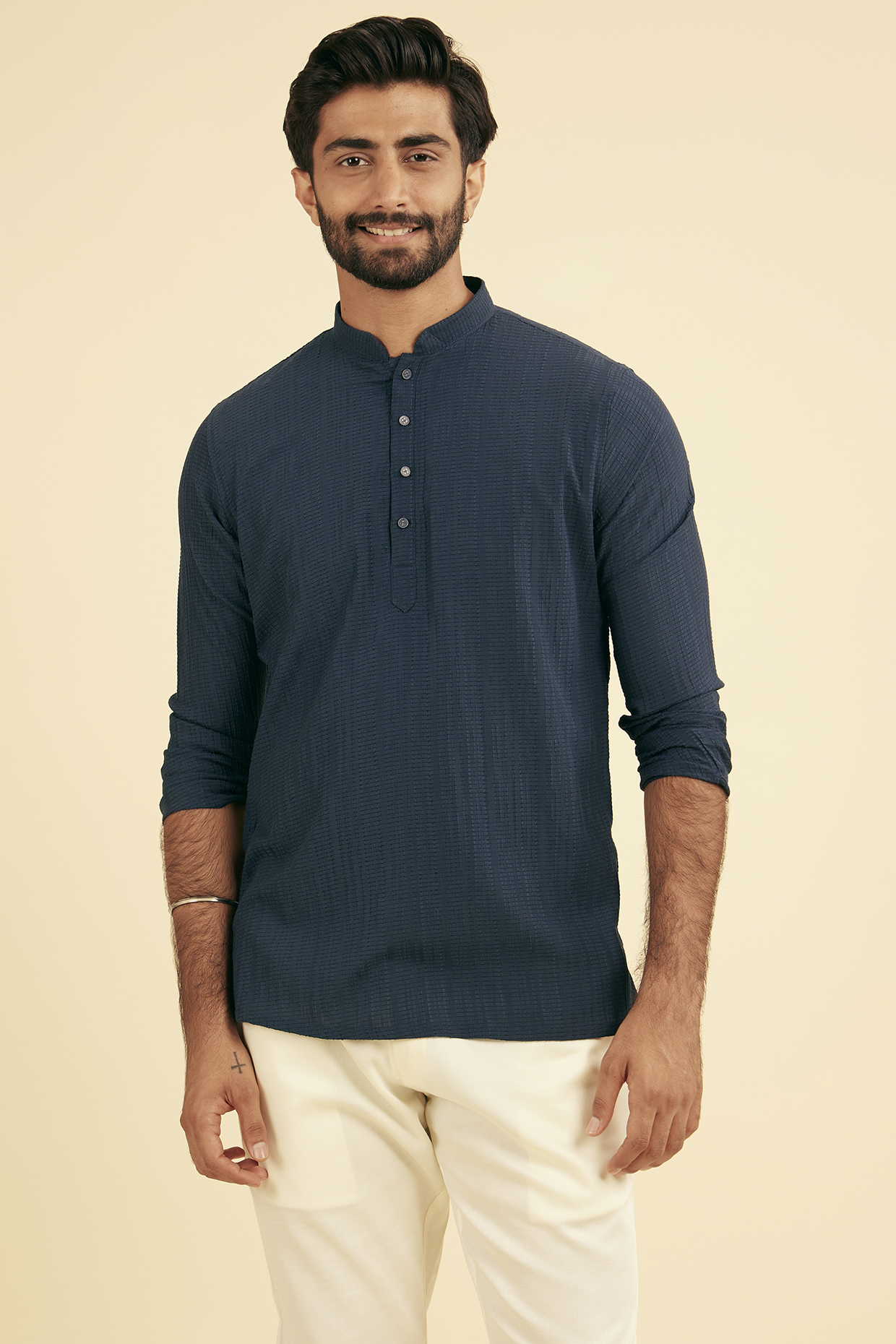 Navy Blue Spandex Self-Textured Short Kurta by Manyavar