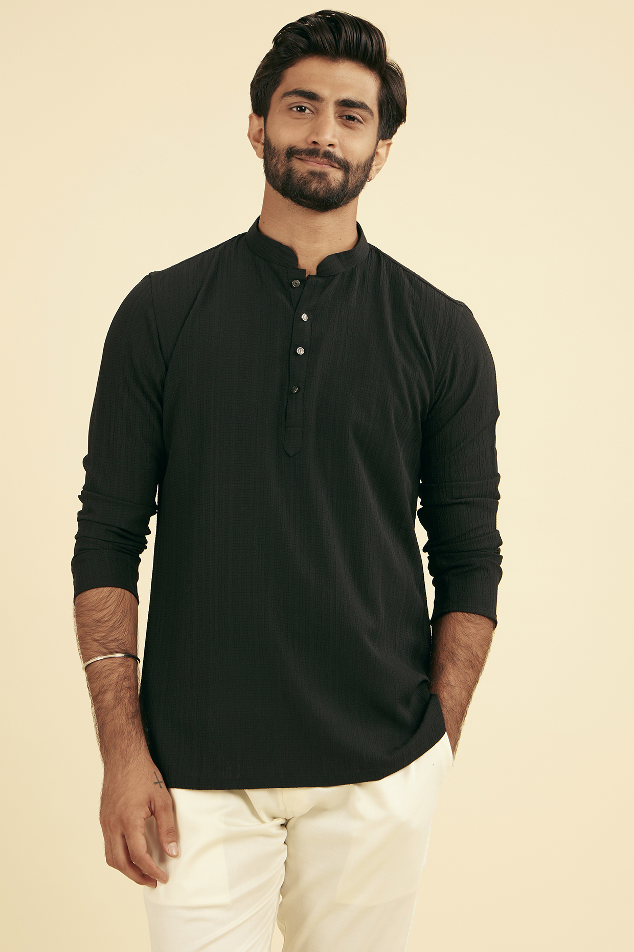 Ebony Black Spandex Self-Textured Short Kurta by Manyavar