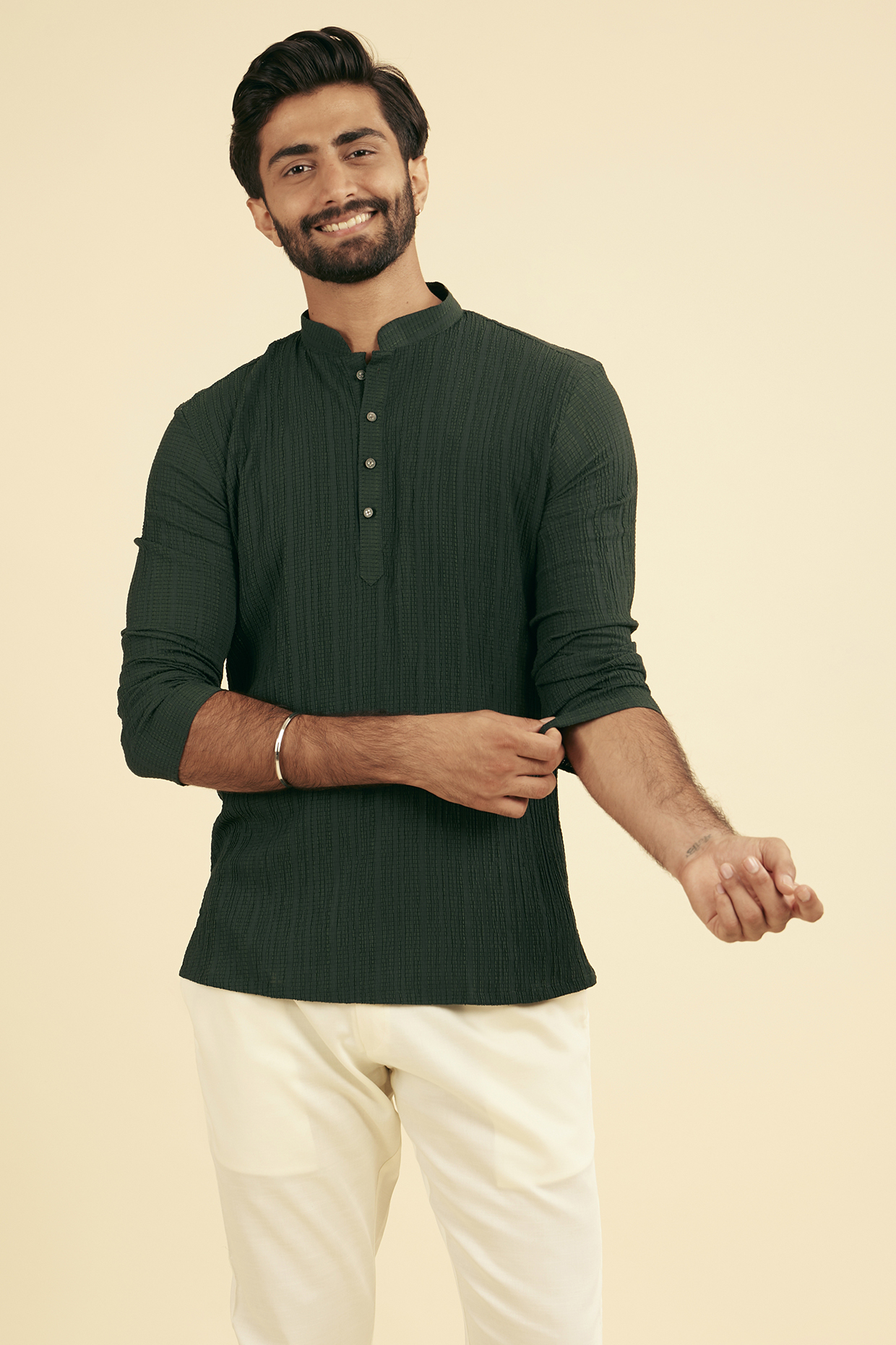 Dark Green Spandex Self-Textured Short Kurta by Manyavar